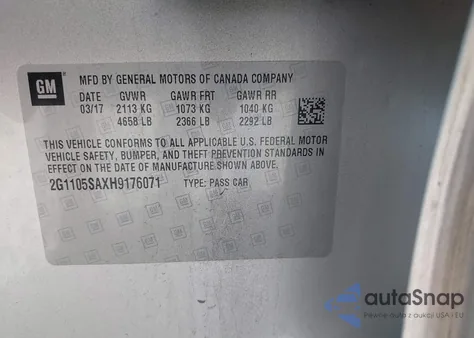 2017 Chevrolet Impala 1Lt из США, поврежденный, VIN 2G1105SAXH9176071